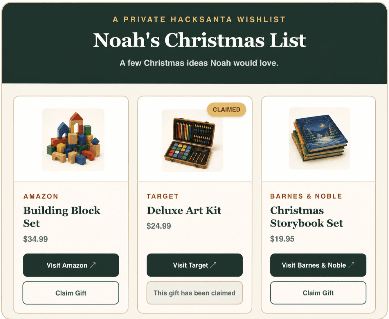 A private HackSanta Christmas gift registry with building blocks, an art kit, and storybooks