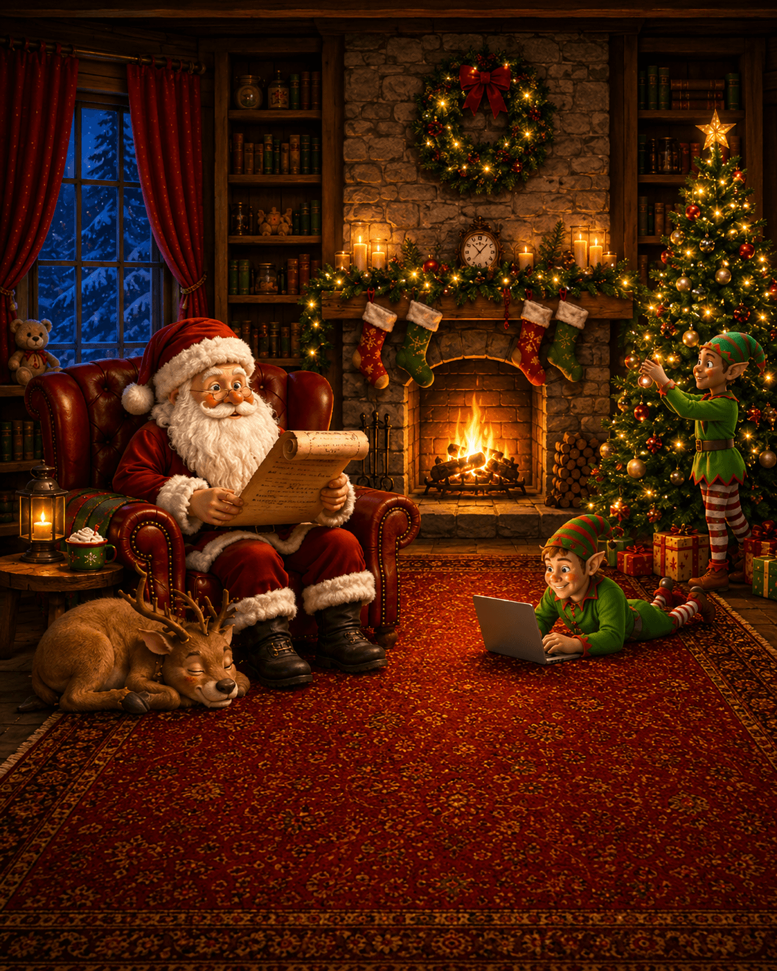 Santa reading a list in a cozy Christmas workshop with elves decorating a tree