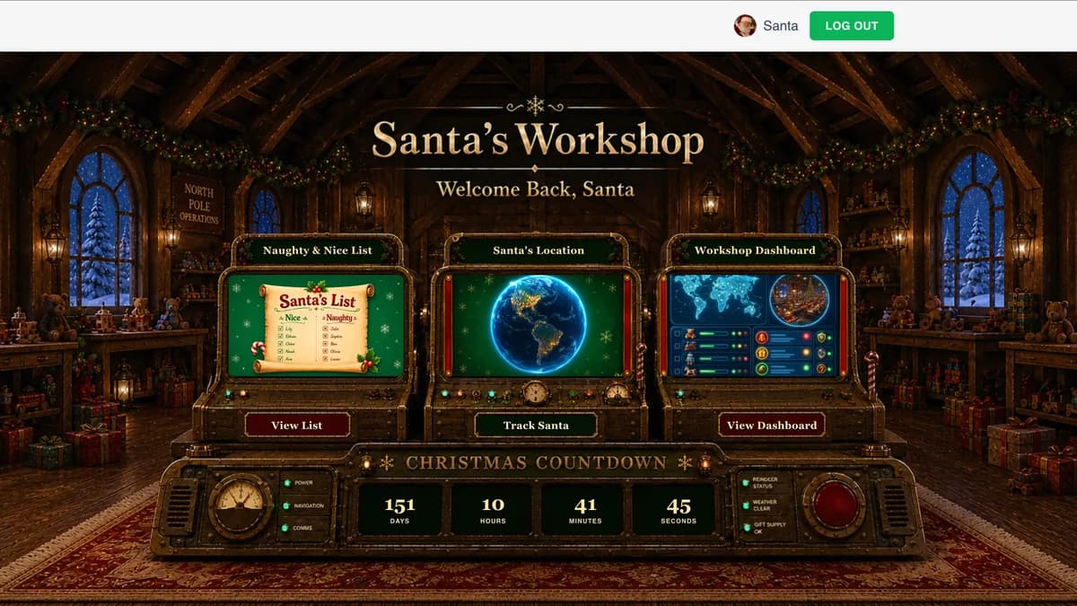 Santa's Workshop portal with the list, tracker, dashboard, and Christmas countdown