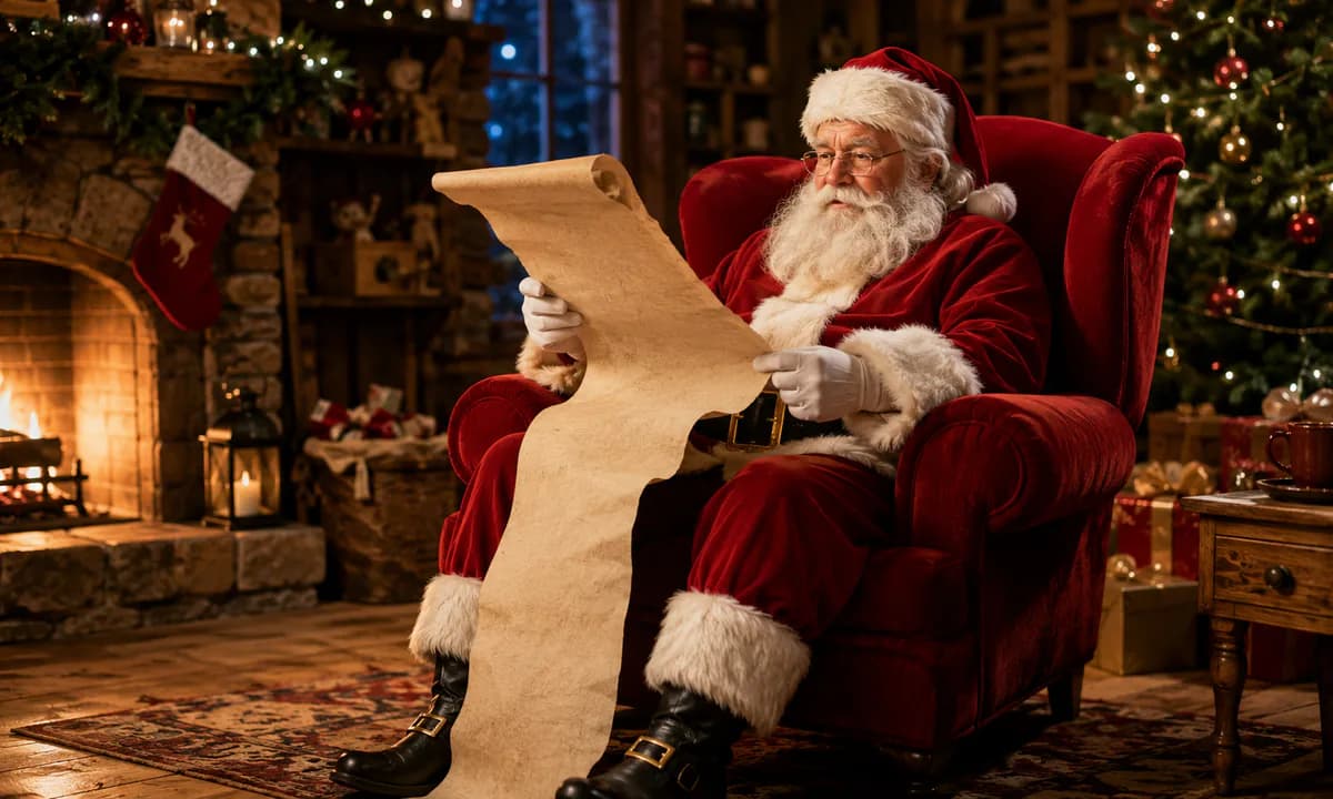 Santa reading his list beside a fireplace in his Christmas workshop