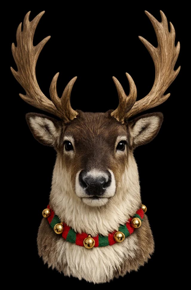 Festive reindeer wearing a red and green bell collar