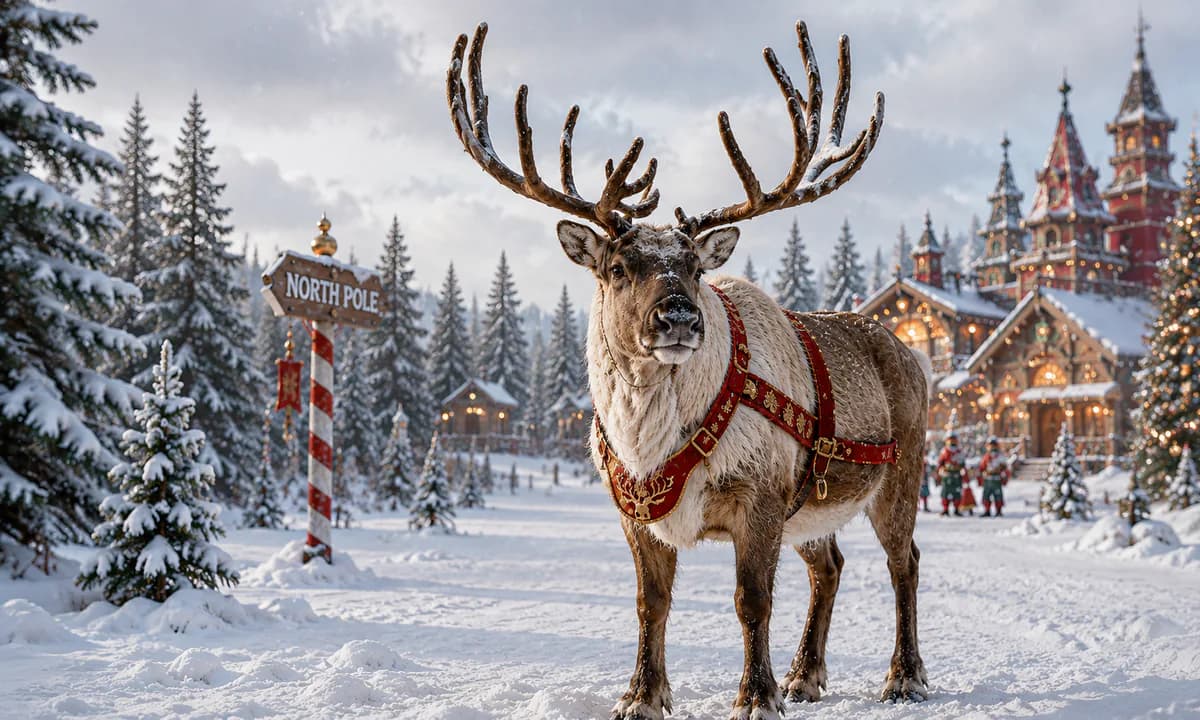 Reindeer wearing a festive harness in a snowy North Pole village