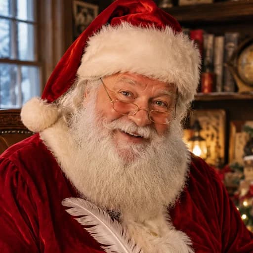 Santa smiling in his warm North Pole study