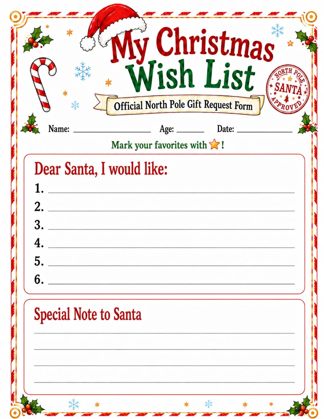 Printable Santa wish list template preview