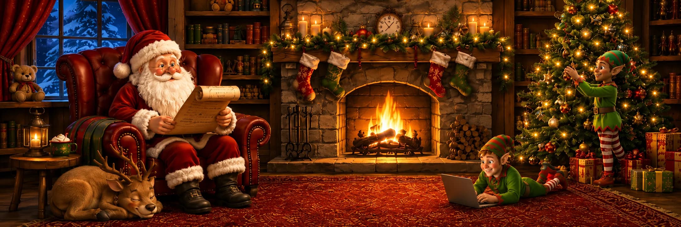 Santa reading a list in a cozy Christmas workshop with elves decorating a tree